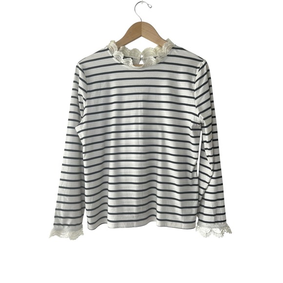 Talbots Tops - Talbots Striped Lace Trim Mock Neck Top Black White Cotton Long Sleeve Large L